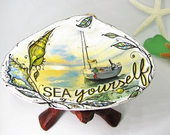 Sailboat Painting Seashell: Beach Decor Jewelry Holder