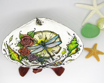 Hand-Painted Dragonfly Shell Art, Coastal Ring Dish, Graduation Gift