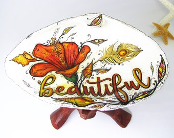 Hibiscus Flower Seashell Ring Dish: Coastal Art Decor