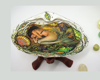Hand-Painted Mermaid Seashell Dish: Boho Coastal Decor, Beach Lover Gift