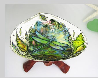 Dragonfly Jewelry Dish: Hand-Painted Seashell Ring Holder
