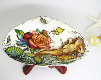 Hand-Painted Mermaid Seashell Jewelry Dish: Beach Home Decor