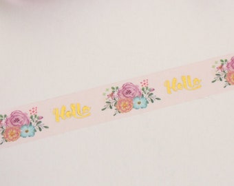 Gold foil and floral print on pale pink washi tape, pink washi tape, gold foil accents washi tape, Floral washi tape, Washi tape