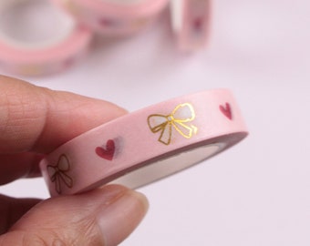 Bows and Hearts Skinny Washi Tape with Gold Foil Accents, Pink washi tape, Skinny washi tape