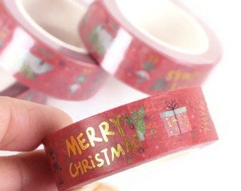 Merry Christmas Pink washi with gold foil accents, Gold Foil washi tape