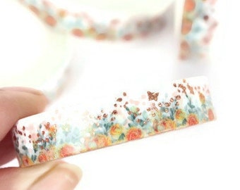 Skinny Orange Floral washi tape with Rose Gold Foil accents