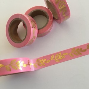 Gold foil botanical print washi tape, Gold foil print washi tape, Pink and gold washi tape, Pink washi tape, Foil washi tape, Washi tape