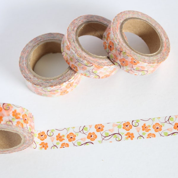 Orange floral vines washi tape, orange floral washi tape, floral print washi tape, Spring / Summer washi tape,