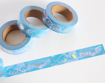 Sky blue with holographic foil angel wings and heart print washi tape , blue washi tape, holographic foil washi, Spring / Summer washi tape,