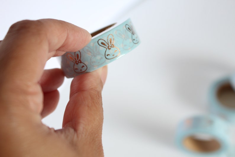 Pastel blue and white polka dots print with rose gold bunnies washi tape, Pastel blue washi, Easter washi tape, Spring / Summer washi tape image 2