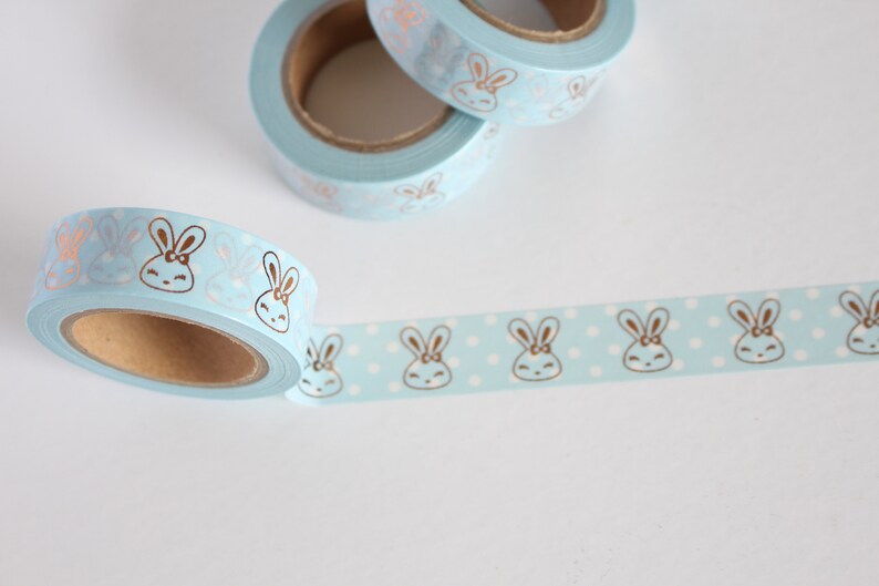 Pastel blue and white polka dots print with rose gold bunnies washi tape, Pastel blue washi, Easter washi tape, Spring / Summer washi tape image 1