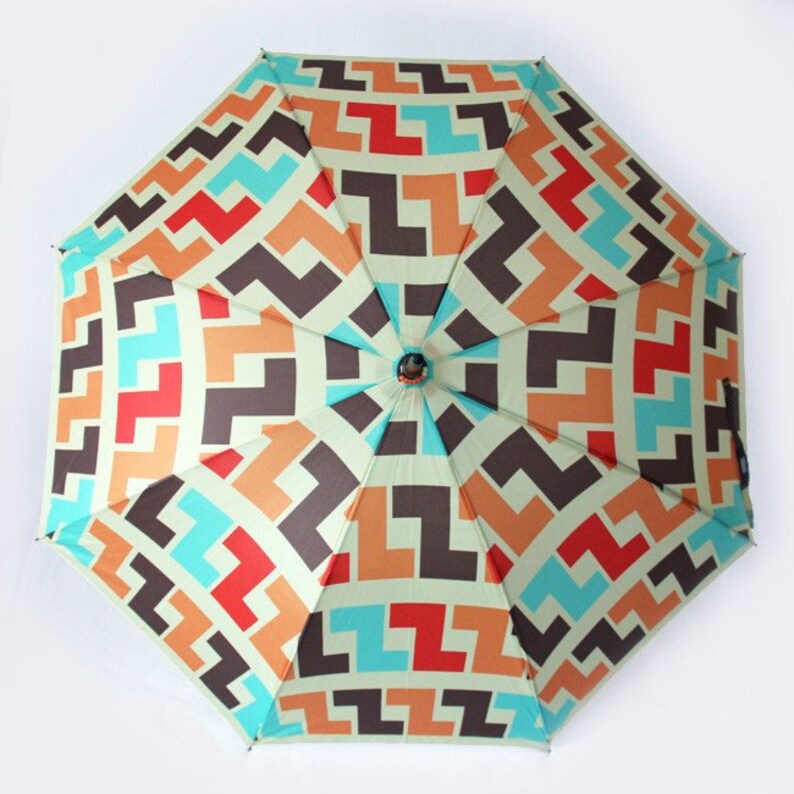 vintage inspired rain umbrella Wooden shaft and handle. Large 70s style geometric print canopy The Zeta