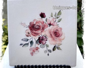 White Ceramic Coaster - Set of 4. Pink Roses