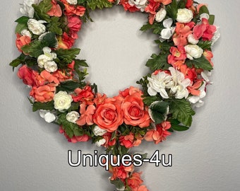 Coral Floral Wreath – Roses & Hydrangeas, Spring Summer Decor