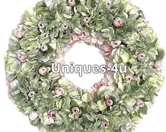 Aqua Pink Hydrangeas & Roses Wreath