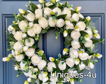 White Peonies Wreath. Front door decor. Everyday wreath.