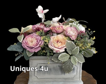 Everlasting silk floral arrangement. Spring flowers. Rectangular centerpiece