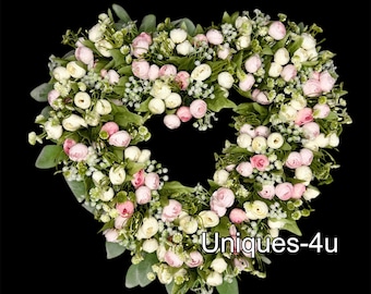 Valentines Day Wreath. Heart Ranunculus. Front door decor