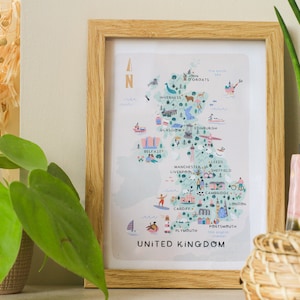 Mapa ilustrado do Reino Unido/impressão/arte de parede/presente de viagem