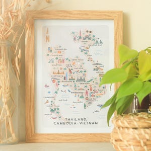 Geïllustreerde kaart van Thailand, Vietnam en Cambodja/afdruk/muurkunst/reiscadeau