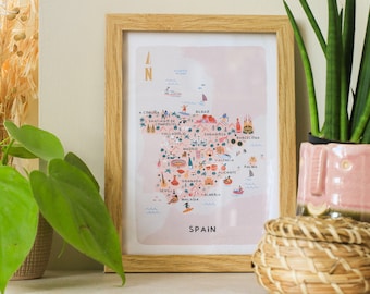 Spain Illustrated Map / Print /Wall Art / Travel Gift