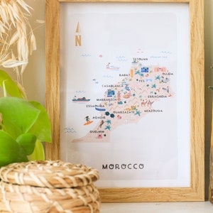 Maroko Ilustrowana mapa / Wydruk / Sztuka ścienna / Prezent podróżny