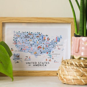 Mapa ilustrado de EE. UU. / Impresión / Arte mural / Regalo de viaje