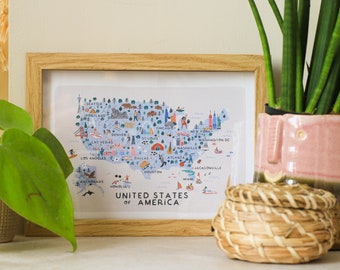 USA Illustrated Map / Print /Wall Art / Travel Gift