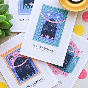 Jeu de 4 cartes Diwali finies à la main / Cartes Deepavali / Nouvel an indien