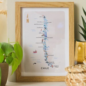 Mapa ilustrado de Chile / Impresión / Arte de pared / Regalo de viaje