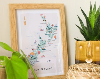 New Zealand Illustrated Map / Print /Wall Art / Travel Gift