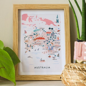 Mapa ilustrado de Australia / Impresión / Arte de pared / Regalo de viaje