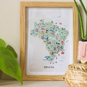 Brasilien illustrierte Karte / Druck / Wandkunst / Reisegeschenk