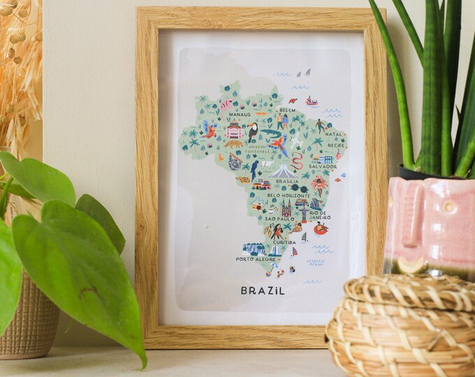 Brazil Illustrated Map / Print /wall Art / Travel Gift - Etsy