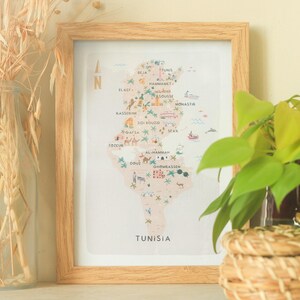 Carte illustrée de la Tunisie / Impression / Art mural / Cadeau de voyage