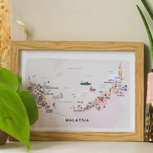Carte illustrée de la Malaisie, impression de voyage / affiche de voyage / oeuvre d'art murale