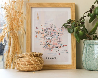 Carte illustrée de la France / Impression / Art mural / Cadeau de voyage