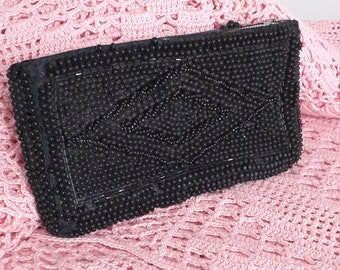 Cute 1950s Duval Black beaded Zippered Clutch Bag or Change Purse