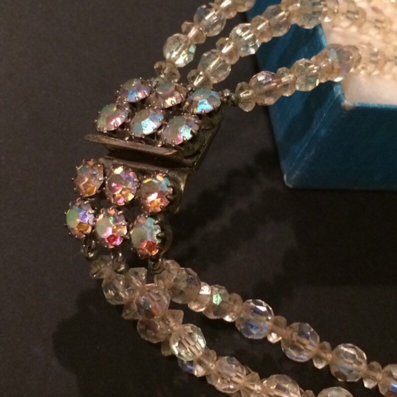 Sparkling Triple strand Aurora Borealis iridescent necklace and wired cluster earring set bridal formal classy elegant