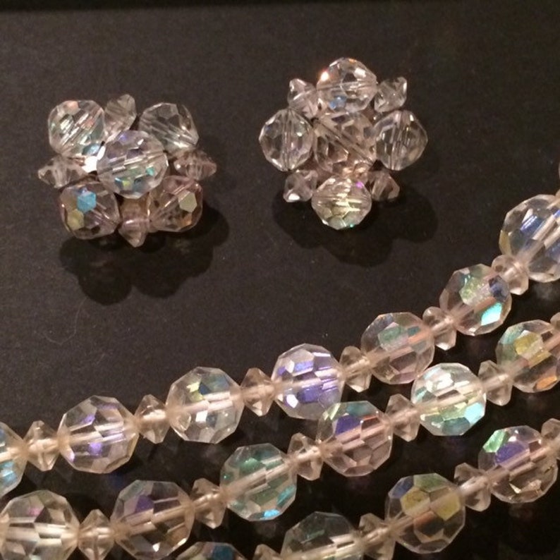 Sparkling Triple strand Aurora Borealis iridescent necklace and wired cluster earring set bridal formal classy elegant