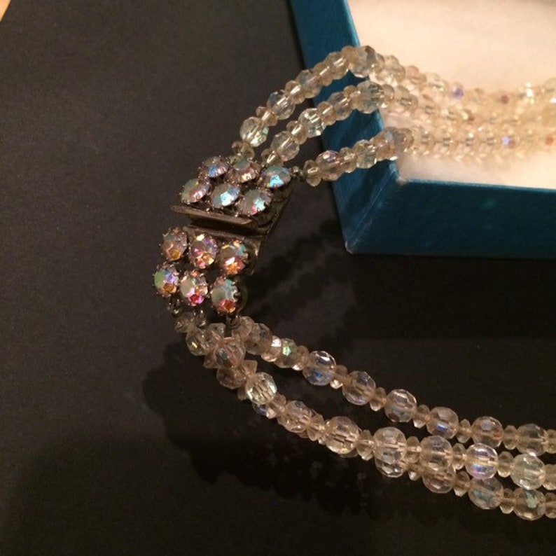 Sparkling Triple strand Aurora Borealis iridescent necklace and wired cluster earring set bridal formal classy elegant