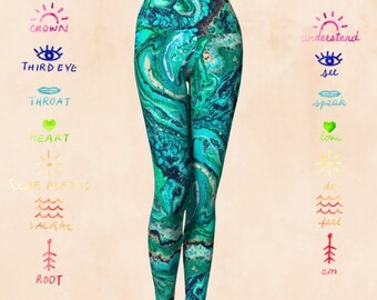 HEART CHAKRA YOGA leggings, leggings, chakra leggings, yoga leggings, chakras, yoga fashion, yoga style, art wear, wearable art, fit fashion