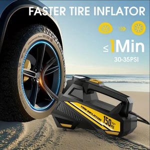 Peut inclure: Un gonfleur de pneu noir et jaune avec le texte "FASTER TIRE INFLATOR" et "< 1 Min". Le gonfleur est connecté à un pneu de voiture. L'image affiche également le texte "30-35PSI" et "150 PSI".