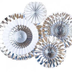 4 SILVER PAPER FANS Pinwheels Hanging Fan Rosettes, backdrops, paper fan backdrop, silver backdrop, silver rosettes, silver  fans, party