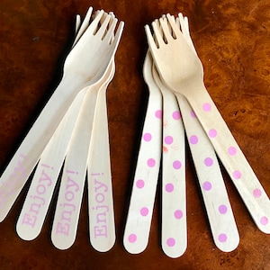 Birch Wood Cutlery, disposable, spoons, forks light pink polka dot