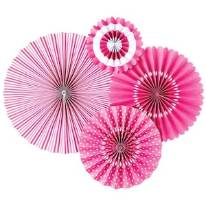 4 PINK PAPER FANS Pinwheels Hanging Fan Rosettes, backdrops, paper fan backdrop, pink backdrop, pink rosettes, pink fans, weddings, party