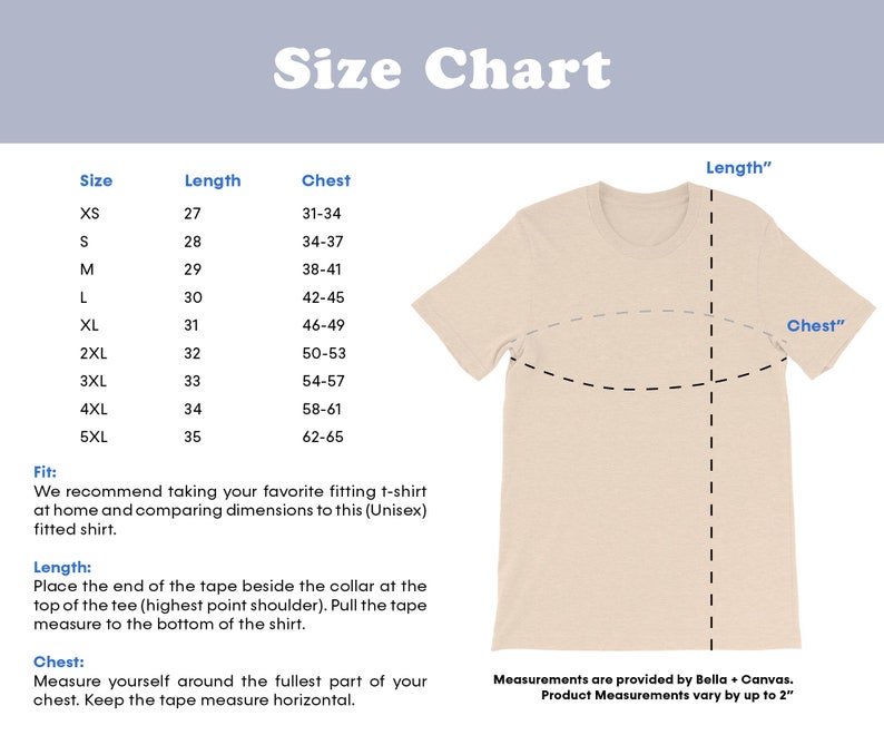 May include: Size chart for a t-shirt with measurements in inches for chest and length. The chart shows sizes XS to 5XL with corresponding measurements. The chart also includes a diagram of a t-shirt with the chest and length measurements marked.
