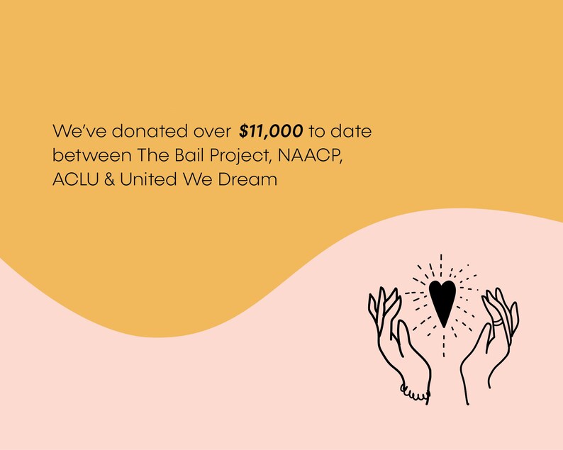 May include: A graphic with a yellow background and a pink wave at the bottom. The text reads "We've donated over $11,000 to date between The Bail Project, NAACP, ACLU & United We Dream". The graphic also features two hands holding a heart with a starburst effect.