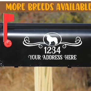 May include: Black mailbox with a white silhouette of a dog breed in a circle, the text "1234" and "YOUR ADDRESS HERE" on the front.