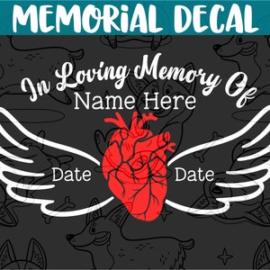 May include: White wings with a red heart in the center. The text "In Loving Memory Of" is above the heart and "Name Here" is below the heart. The text "Date" is on either side of the heart. The background is a dark gray with a pattern of paw prints and stars.